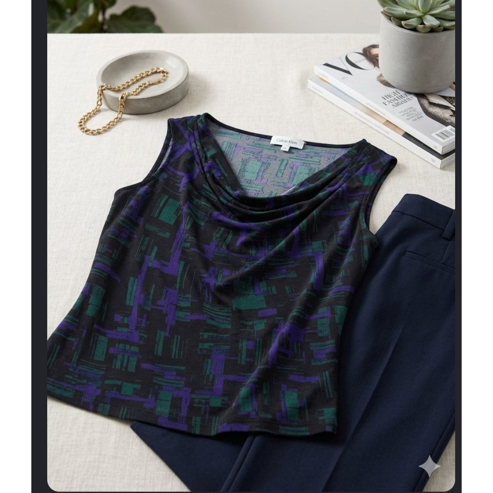 Calvin Klein Womens Cowl Neck Sleeveless Abstract Print Blouse Purple Green L